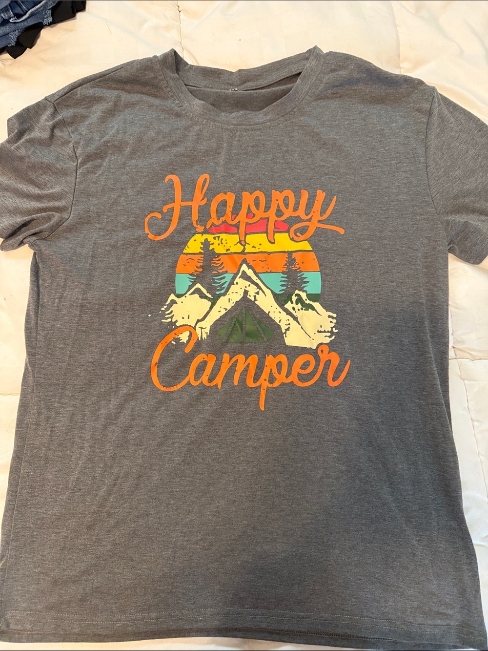 Happy Camper Graphic Tee - Gray with Orange & Multicolor Print